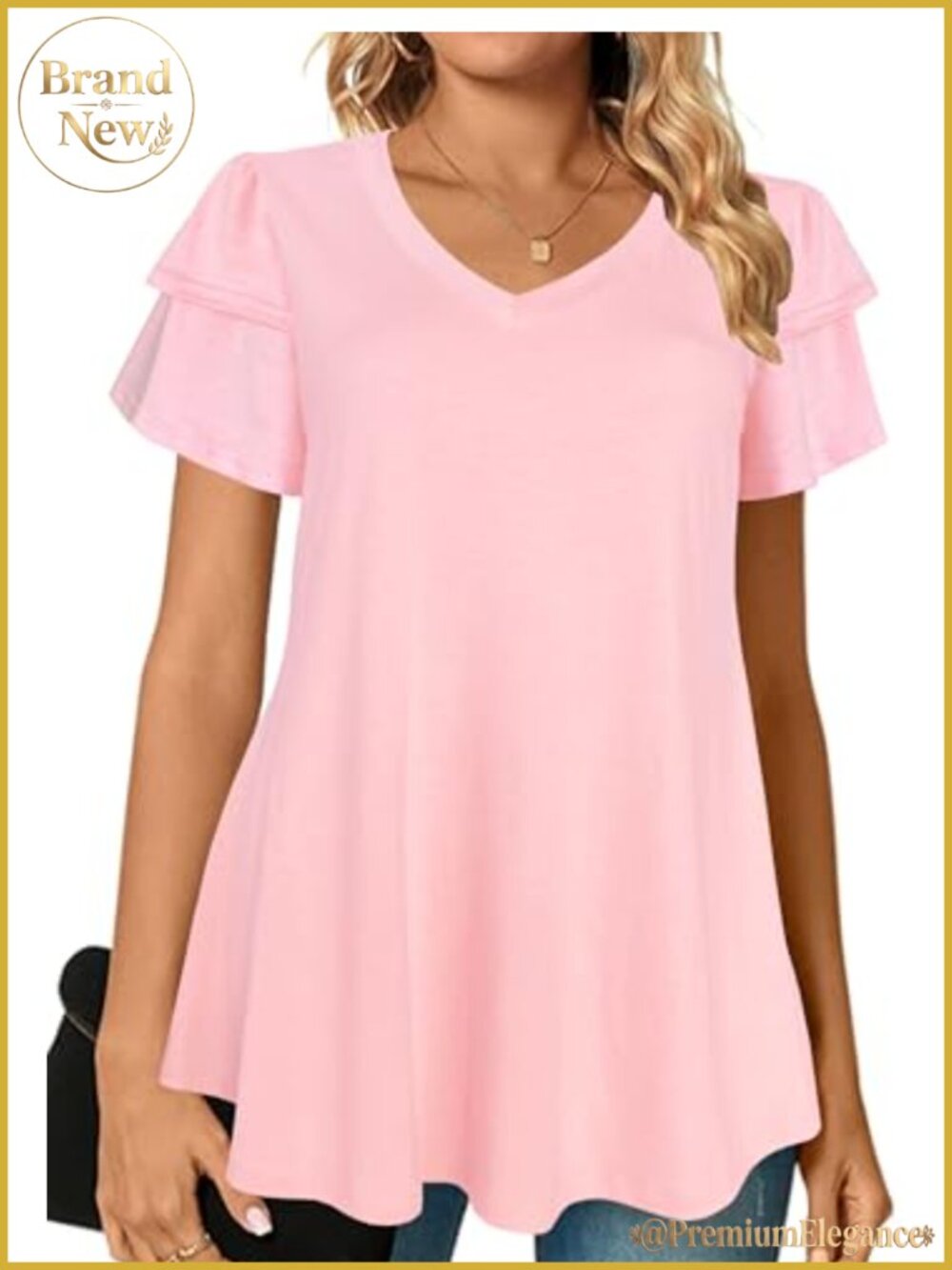 Ruffle Short Sleeve V Neck Tunic T-Shirt Loose Fit Casual Summer Top